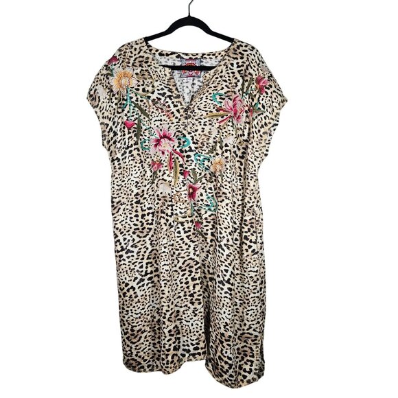 Johnny Was Linen Woman Leopard Floral Mini Dress 1X Boho Luxe Statement Embroide - Picture 3 of 13